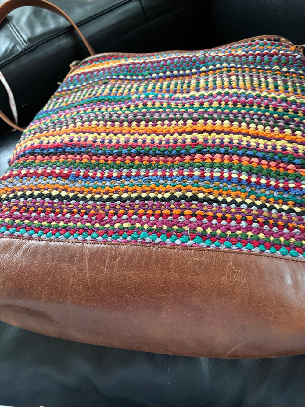 Large Jute And Cotton Multicolor Crochet Shoulder Bag with Brown Leather Trim - Picture 12 of 14
